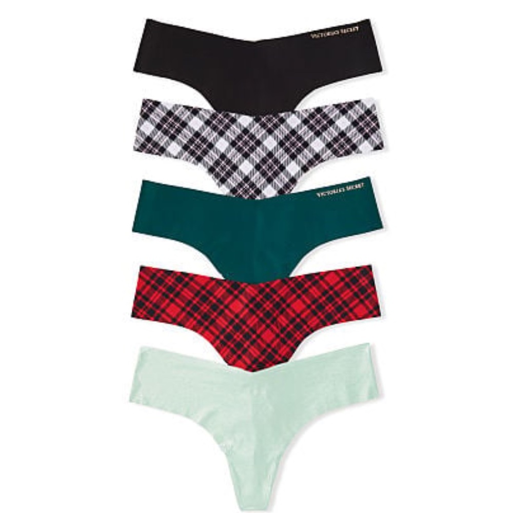 Victoria's Secret Sexy Illusions Rawcut Thong Panty Pack 5 Solids Plaids L NEW